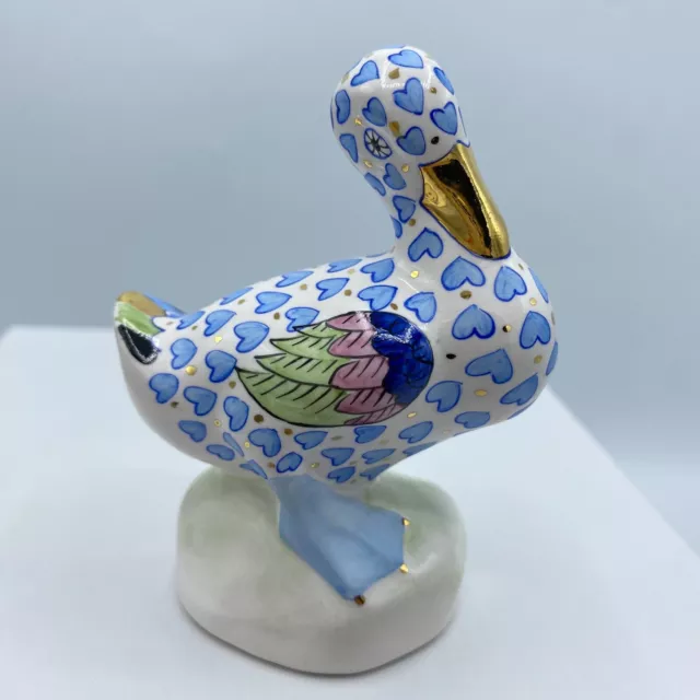 Kocsis Hungary Hand Painted Porcelain Duck Figurine Blue Hearts & Gold Accents