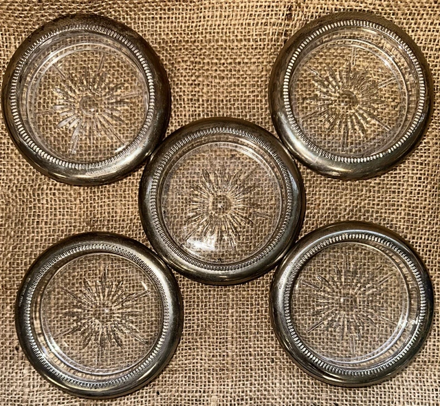 Vintage Leonard Crystal and Silver Plate Coaster Ashtray Set of 5