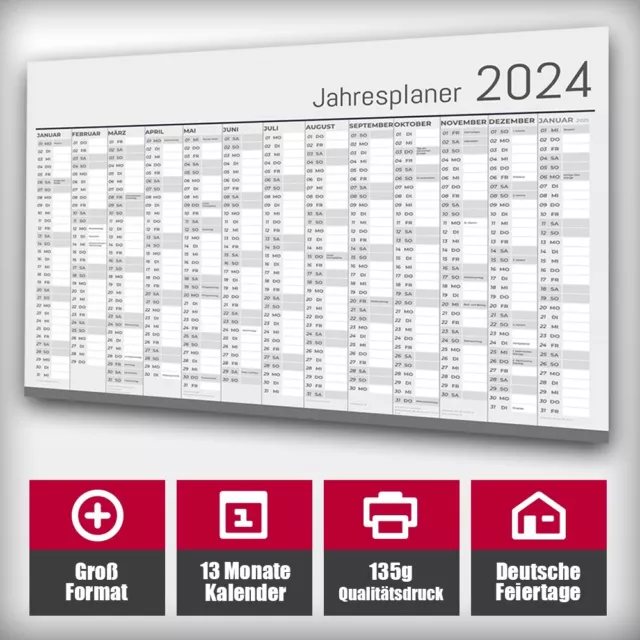 XXL Wandkalender 2024 Jahresplaner Din A1 Jahres Kalender Poster Wandplaner GRAU