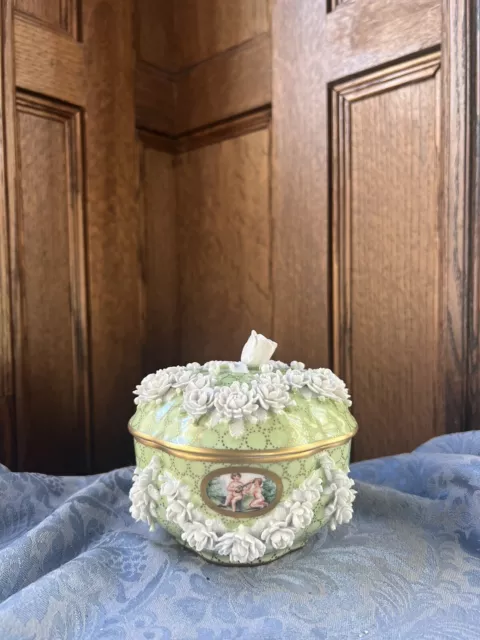Antique Dresden Covered Porcelain Rose Decorated Dish  -