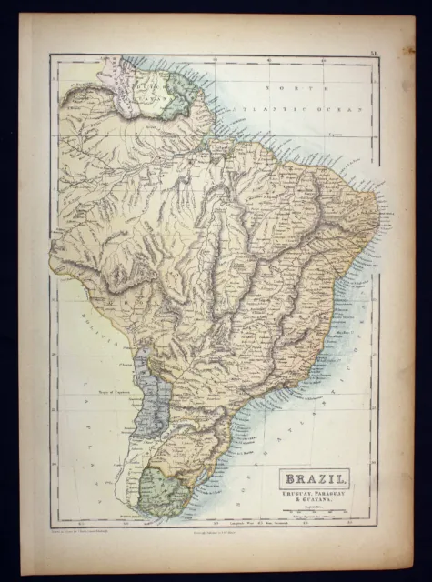 1865 Map Brazil Uruguay Paraguay Guyana Black's Atlas Edinburgh Bartholomew
