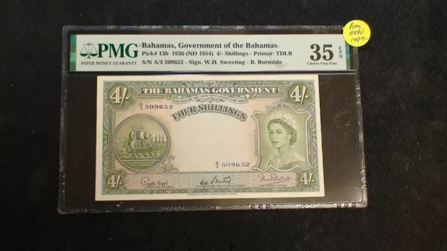 1936 (ND1954) BAHAMAS GOVERNMENT PMG VF35 EPQ FOUR SHILLINGS NOTE 4S Bill BUY IT