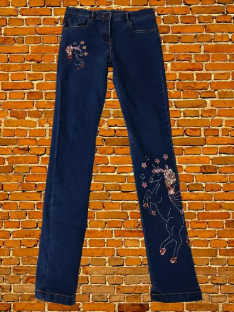 Girls Monsoon Age 8-9 Years Blue Denim Skinny Jeans Unicorn Sequin Print 134Cm