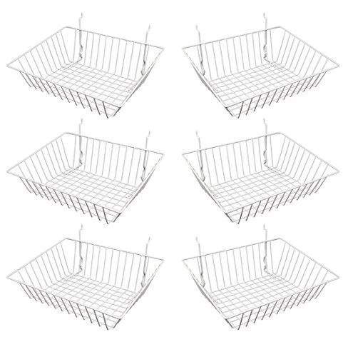 - White Multi-Fit Sloping Wire Basket for Slatwall, Pegboard or Gridwall (Set