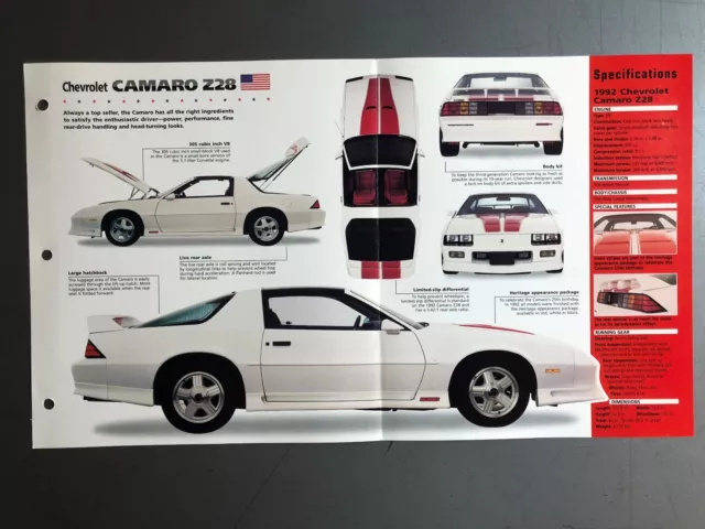 1982 - 1992 Chevrolet Camaro Z/28 Poster, Spec Sheet, Folder, Brochure Awesome