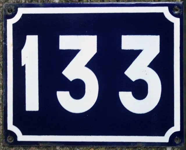 Large old blue French house number 133 door gate plate plaque enamel sign NOS