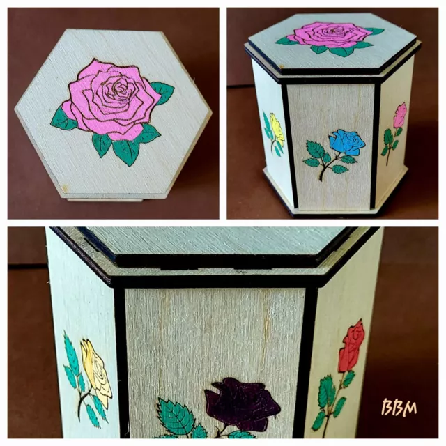 Boite à bijoux hexagonale en bois - Décor Roses