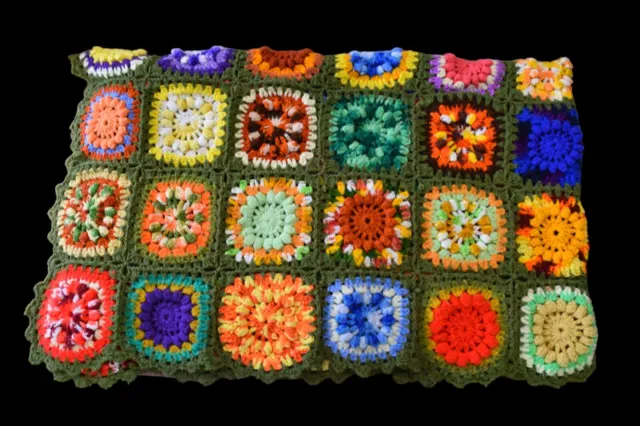 Vintage Crochet Granny Square Afghan Blanket  Twin Colorful  44 X 72