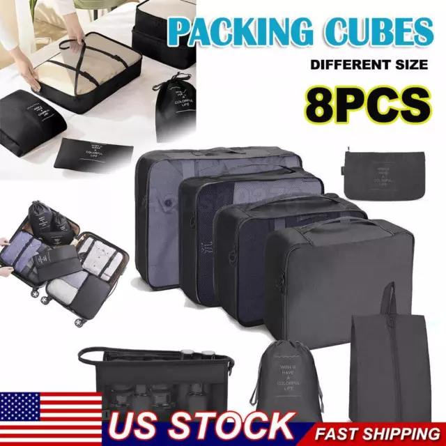 8× Travel Packing Cubes Luggage Organiser Compression Suitcase Bag Essential Bag