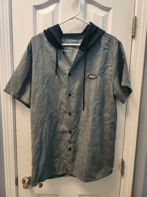 Mens Vintage Hooded Button Down Shirt Short Sleeve Size Large