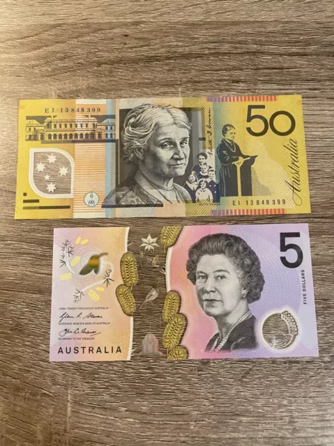 2 Banknotes 5+50 Australia Dollars.5+50 Dollars Polymer Note.Circulated Banknote