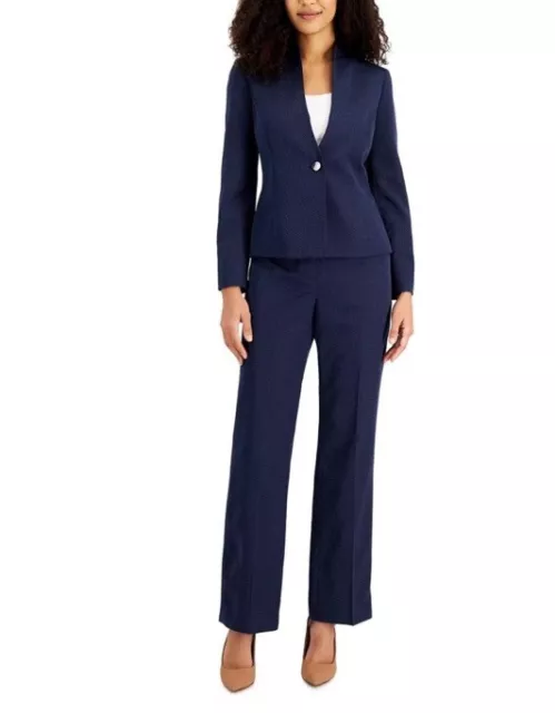 Le Suit Notched Collar One Button Jacket Matching Crepe Pants Navy Dot Size 10