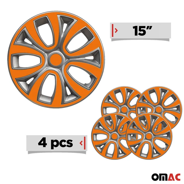15 INCH HUBCAPS Wheel Rim Cover Glossy Grey with Orange Insert 4pcs Set ...