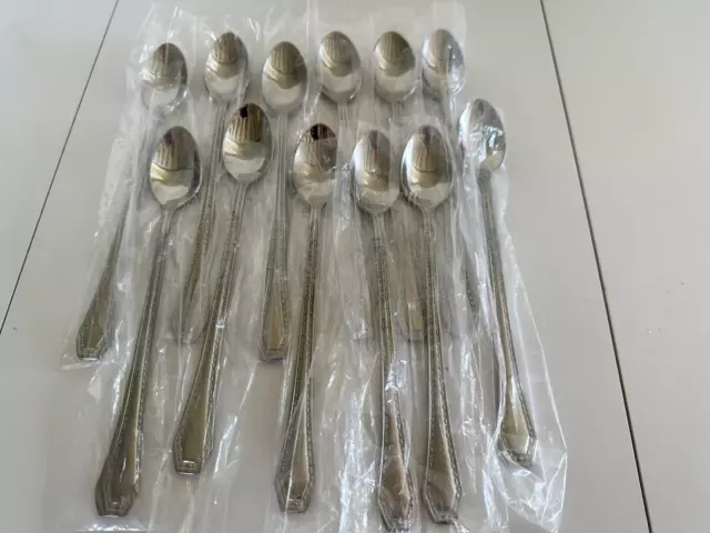 TEN Iced Tea Spoons Reed & Barton COPLEY Stainless QVC Dot Dash Outline 7 5/8"