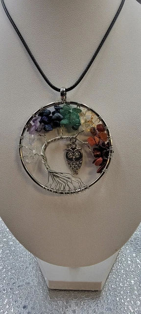 Pendant Necklace Natural Gemstone Tree of Life 7 Chakra Healing Crystal Charm