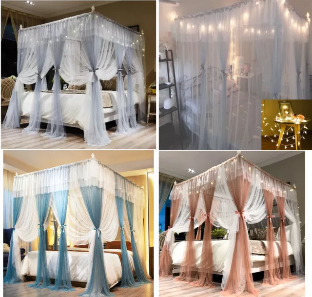 Double layer 4 Corner Bed Canopy Mosquito Net Queen Netting Mesh Curtain +Light