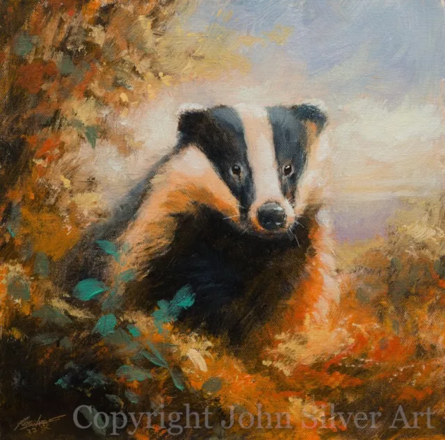 BADGER PORTRAIT FINE ART ORIGINAL PAINTING 12 x 12 inch by UK Artist JOHN SILVER
