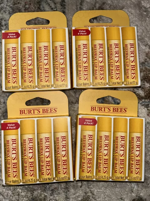 BURT'S BEES BEESWAX Lip Balm - 0.15oz (4 Count) Lot Of 4 Packs $25.00 ...