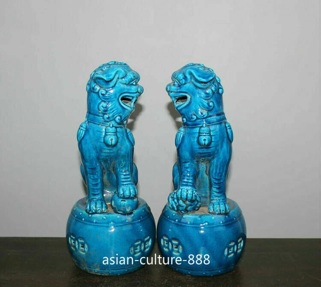 Chinese Old Pair Marked Blue Glaze Porcelain Fengshui Lion Foo Fu Dogs Statues