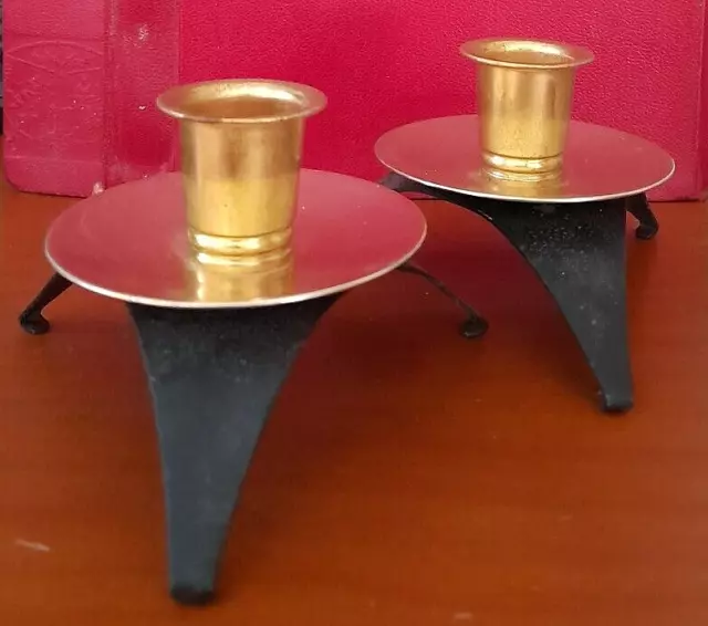 Vintage Candle holders, pair, black tri-legs with gilt collar and candle hole