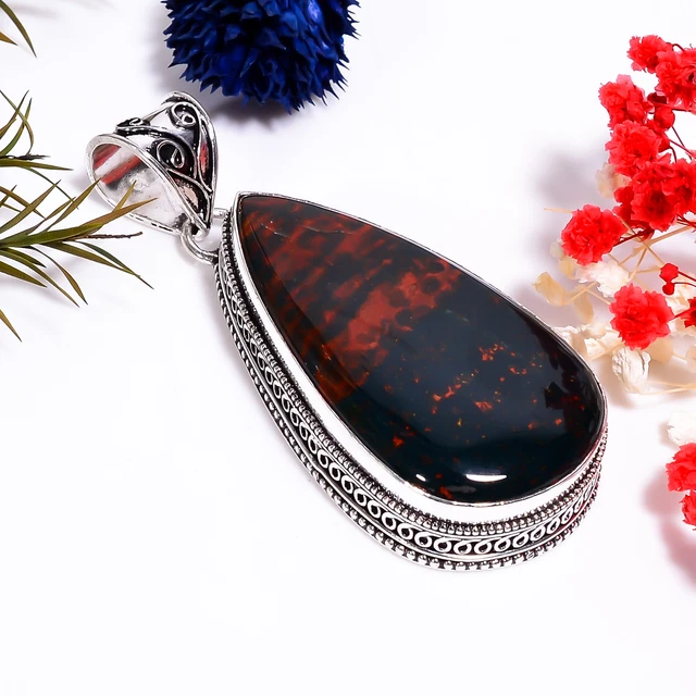 Pendentif Argent Sterling 925 Avec Jaspe Pierre De Sang Naturel - Fait Main - Longueur 1,75 Pouce