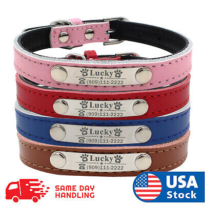 Personalized Dog Collar Leather Padded Name ID Tag Engraved Free XS-L