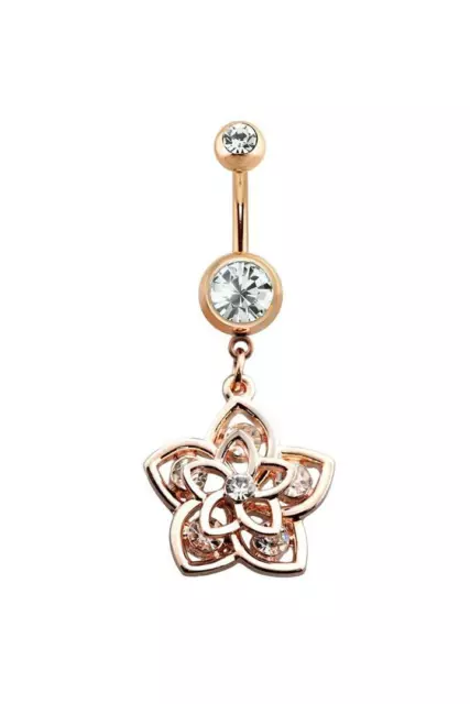 Rose Gold Double Gem CZ Swirl Flower Dangle 316L Surgical Steel Navel Belly Ring
