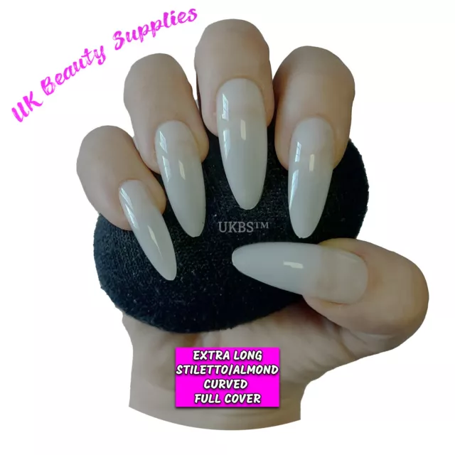 600x Stiletto/Almond Extra Long NATURAL Full Cover Glue On False Nails Tips UK