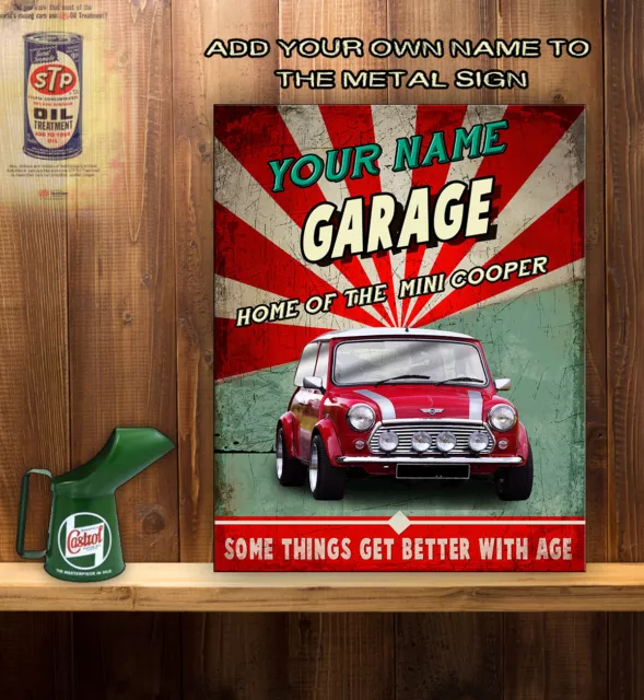 PERSONALISIERTES MINI COOPER ROTE GARAGE MAN CAVE Retro Vintage Metall Wandschild RS462