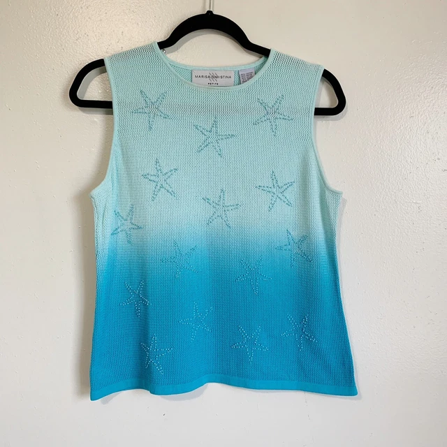 Marisa Christina Sleeveless Knit Top Large Petite Blue Ombre Beaded Stars Summer