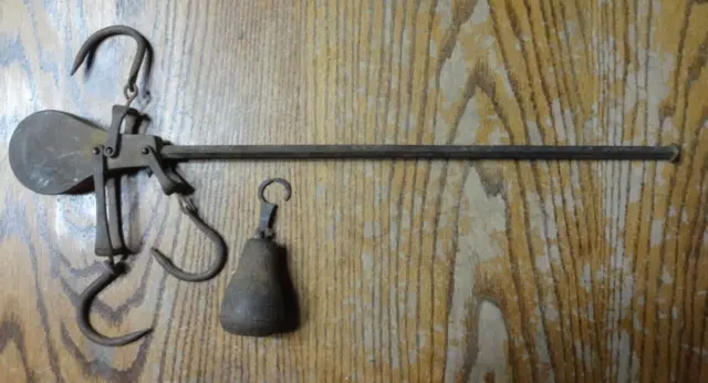 Vintage Antique Hanging Balance Beam Scale w/ Hooks & Sliding Weight Cast Iron