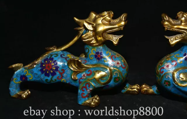 8.8" Old Chinese Cloisonne Enamel Gilt Dynasty Ruyi Unicorn Beast Statue Pair 2