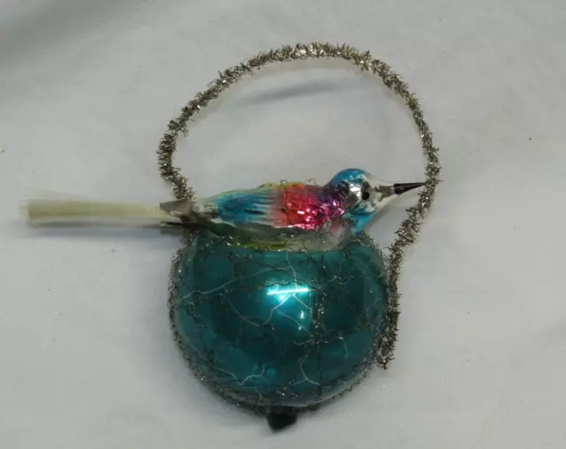 Antique German Blue Glass Wire Wrapped Bird On Nest Christmas Ornament 1950's