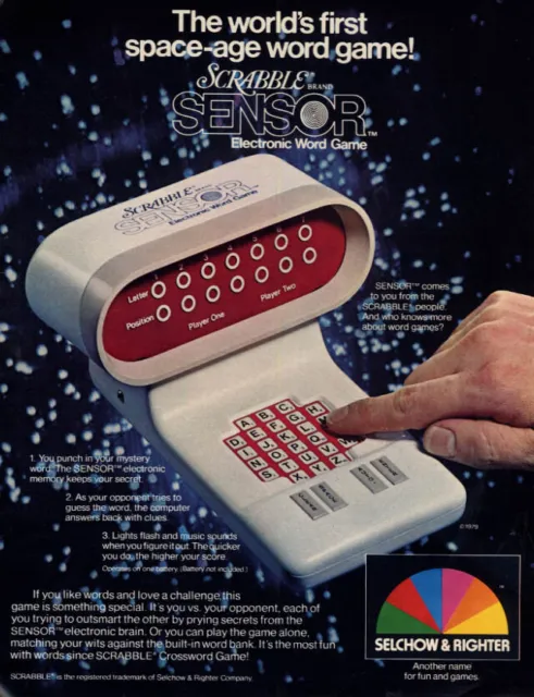 World's first space-age word game - Scrabble Sensor Selchow & Righter ad 1980