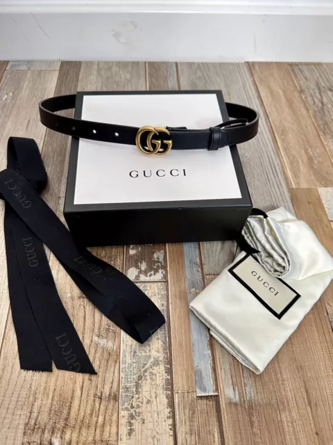 Gucci GG Marmot Thin Belt Antique Brass Black Leather Size 70 28” RRP £320 VGC