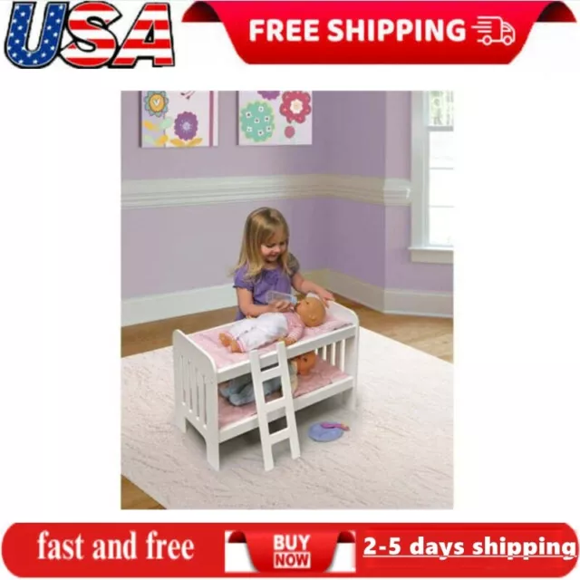 20" Doll Bunk Bed w/ Bedding Ladder Girls Pretend Play Toy Furniture White/Pink