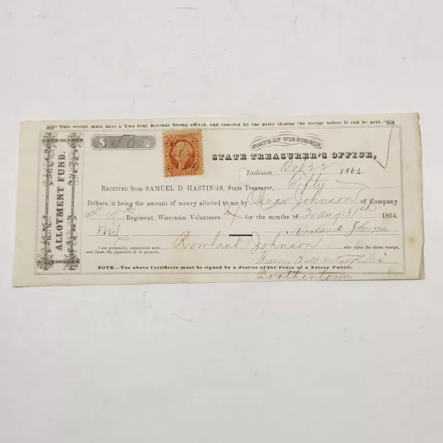 U.S. (State of Wisconsin) - Oct. 22, 1864 $50 Allotment Fund Receipt (Civil War)