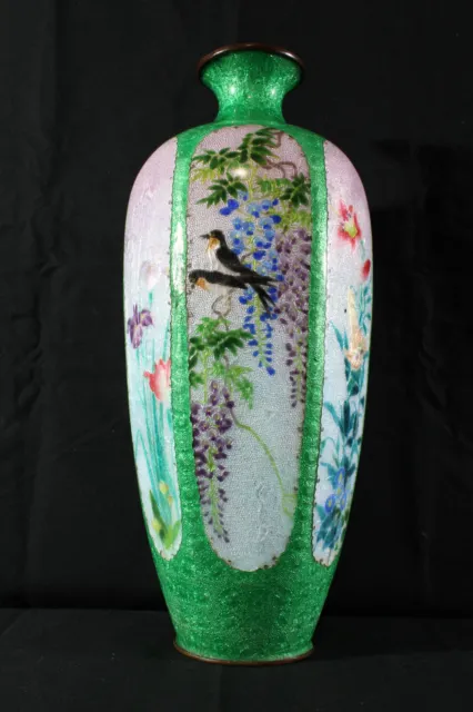 Japanese Meiji Cloisonne Vase 9.5" Basse Taille Ginbari Bird Floral Bunzaemon ?