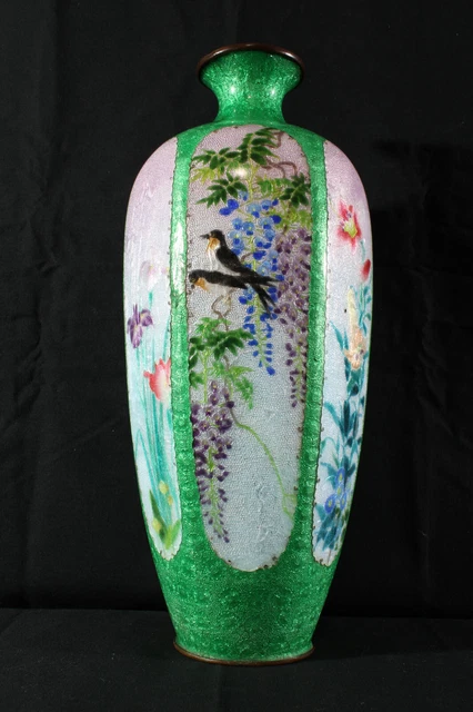 Japanese Meiji Cloisonne Vase 9.5" Basse Taille Ginbari Bird Floral Bunzaemon ? Japanese Meiji Cloisonne Vase 9.5" Basse Taille Ginbari Bird Floral Bunzaemon ?