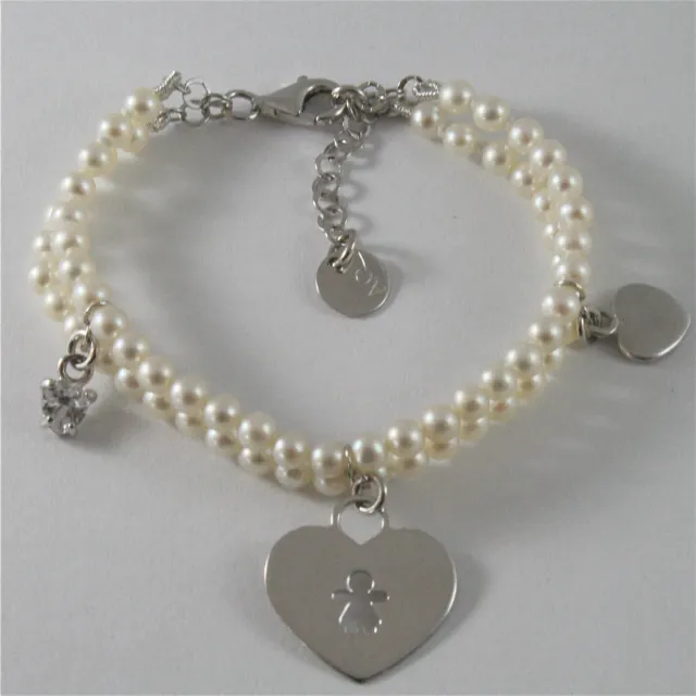 Silber Armband 925 Rhodium Zwei Reihen Von Perlen Mit Charm Bimba Hearts Zirkone