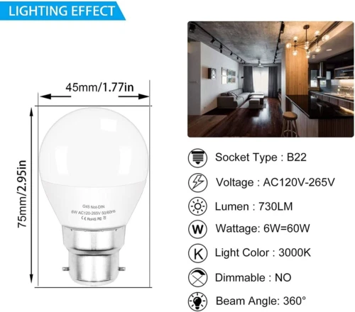 6W LED Glühbirnen Bajonett Kappe B22 60W Äquivalent 730LM 3000k Warmweiß 2