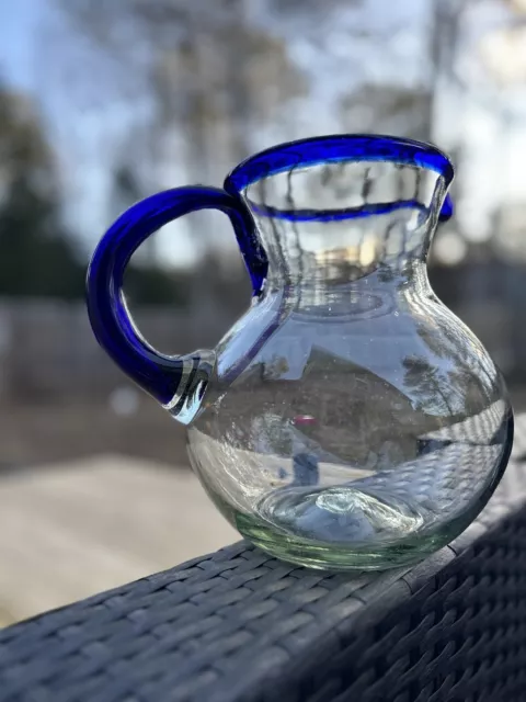 Margarita Pitcher Large HAND-BLOWN Mexican Art Glass Cobalt Blue Rim and Handle