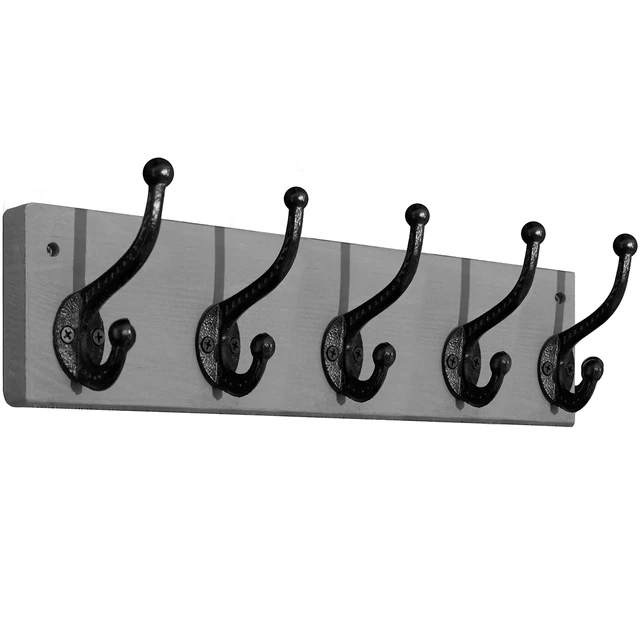 Rustic Wall Coat Rack - 5 Cast Iron Hooks (Heavy Duty, Vintage, Grey)