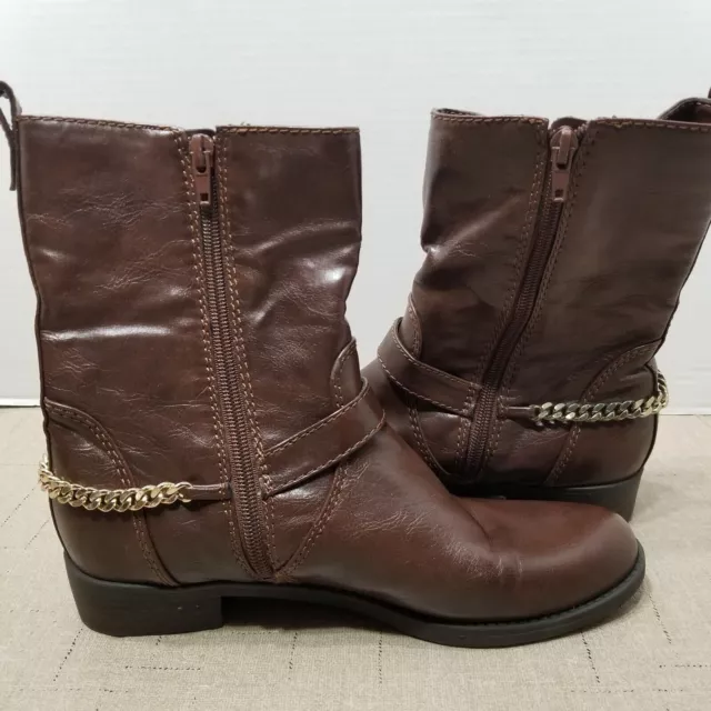 Unisa Ankle Boots Women's Size 7.5 M Brown Side Zip Booties Chain Low Heel Shoe