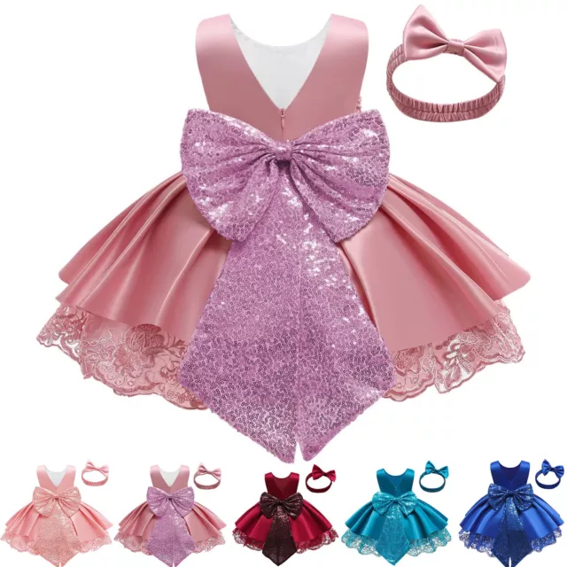 Toddler Kids Baby Girls Lace Sequin Bowknot Princess Dresses Pageant Party Dress