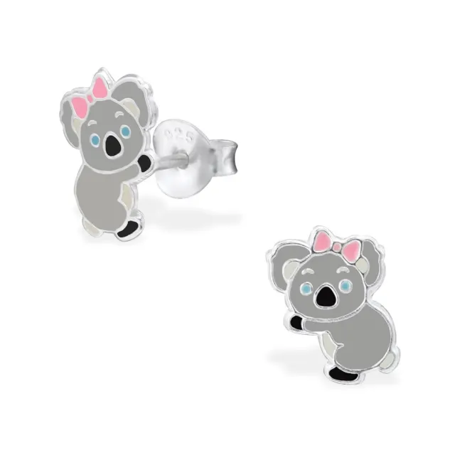 925 Sterling Silver Koala Pink Ribbon Kids Girls Women Stud Earrings Jewellery