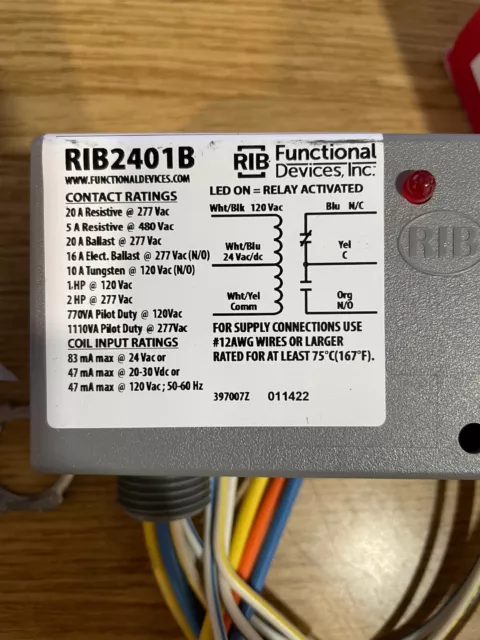 Functional Devices RIB2401B  20A SPDT 24Vac 120Vac Relay