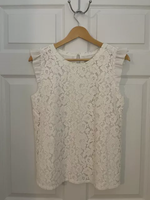 Loft White Floral Lace Lined Womens S Shortsleeve Ruffle Blouse