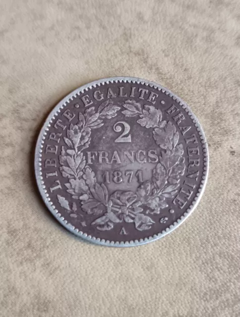 TRÈS BELLE PIÈCE 2F ARGENT CÉRÈS AVEC LÉGENDE 1871 Petit 'A'