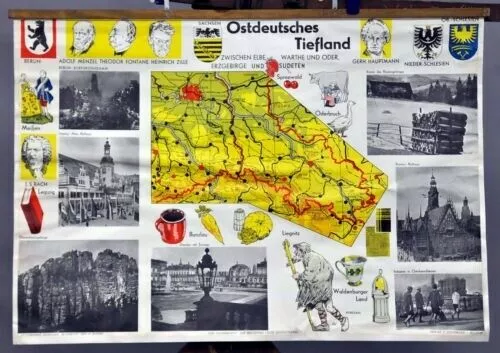 Schulwandkarte vintage Poster Ostdeutsches Tiefland Elbe Oder Erzgebirge Sudeten